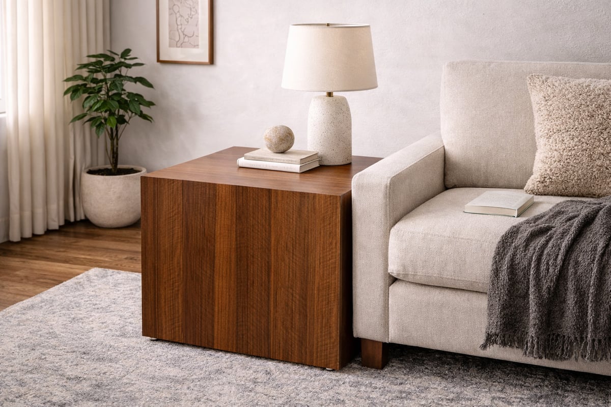 Minimal Walnut Pedestal Side Table | Iridium Interiors